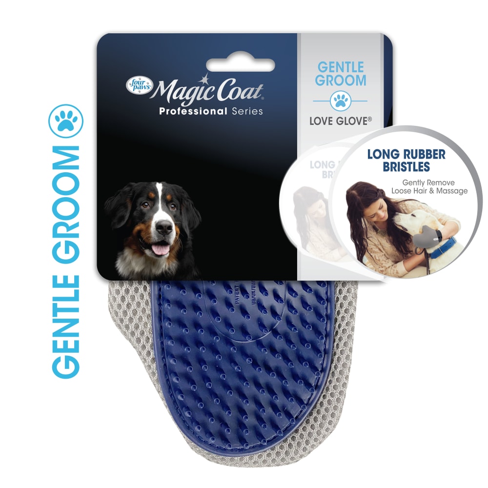 Front view of Fourpaws Professional Series Love Glove Grooming Mitt Inpackagingfronthero in packaging
