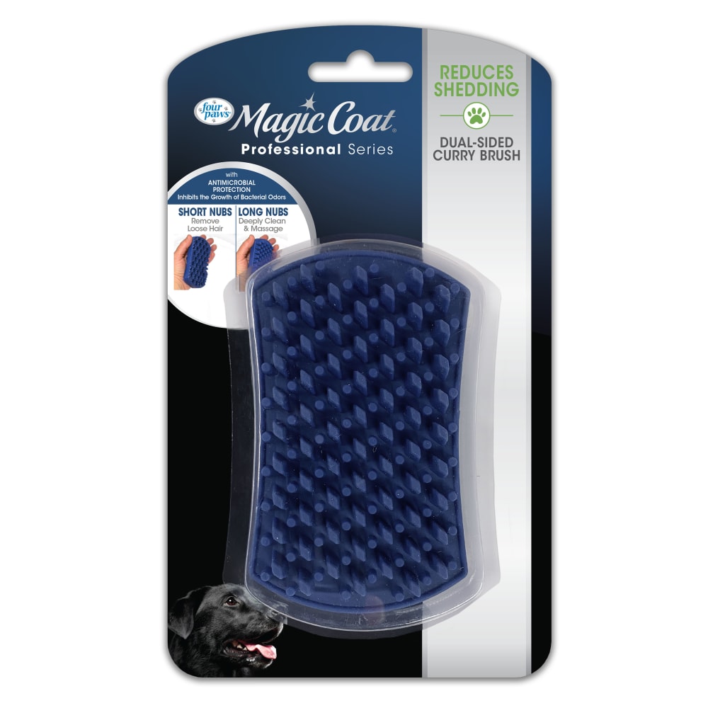 Front view of Fourpaws Professional Series Curry Brush in packaging