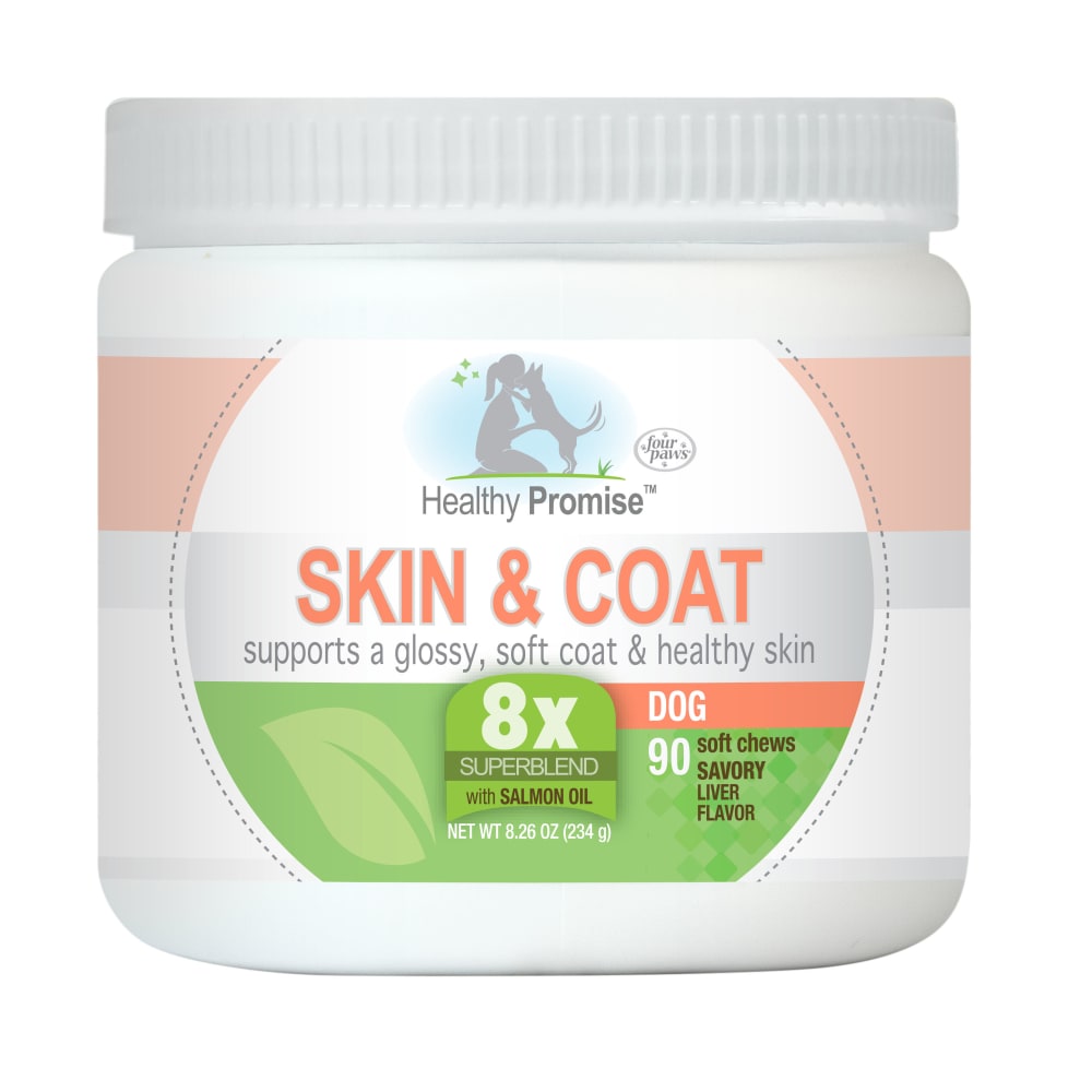 Front view of Fourpaws Healthypromise Dog Skincoatsoftchews 90ct New in packaging