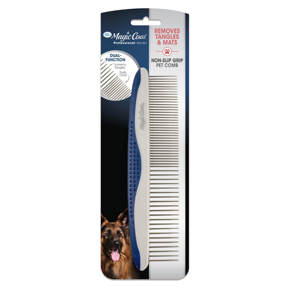 Front view of Fourpaws Non Slip Grip Pet Comb in packaging