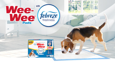 Wee-Wee Pads with Febreze freshness graphic.